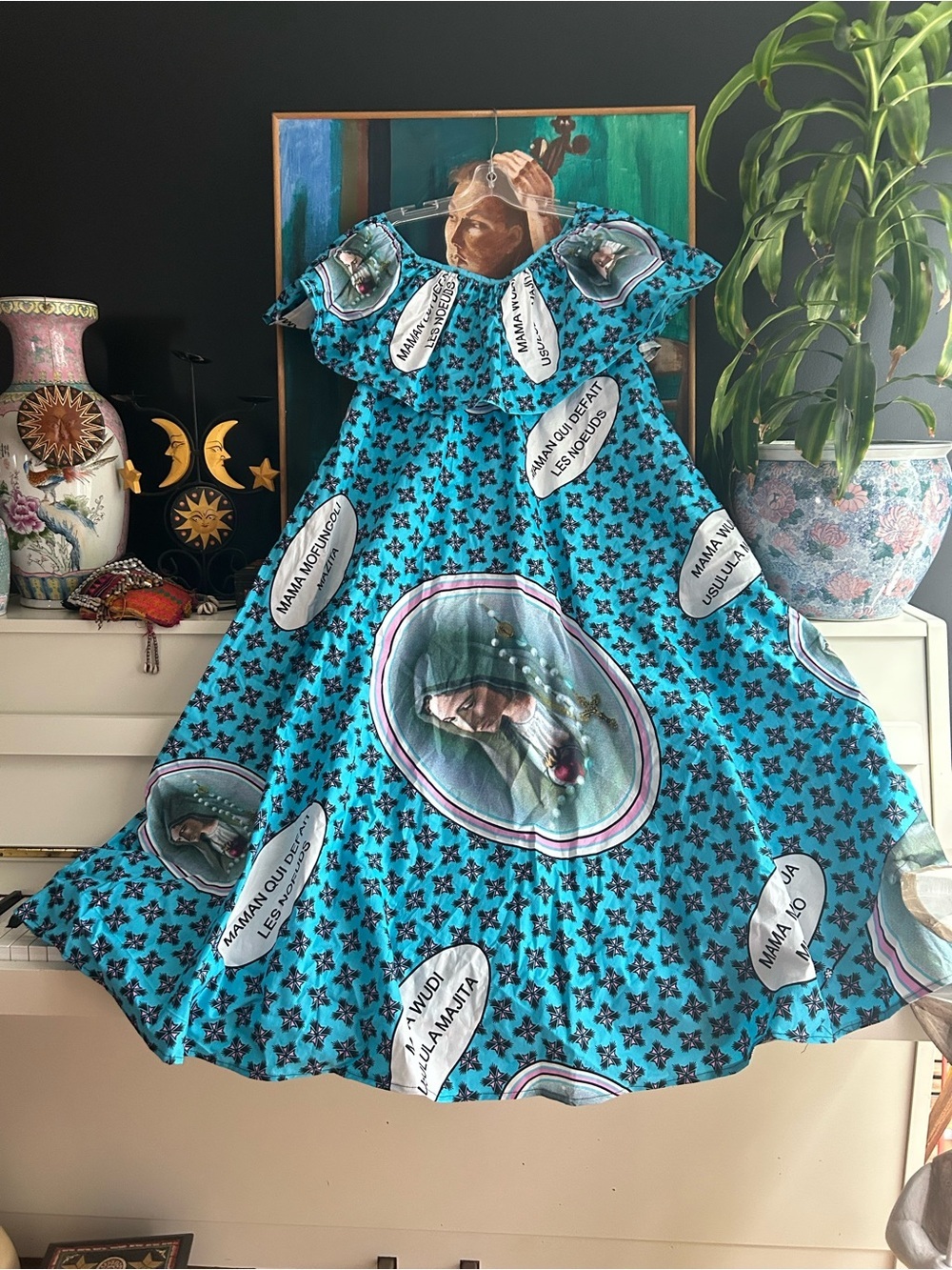 Handmade African Wax Print Madonna Dress Blue French Graphic Midi Boho Artisan